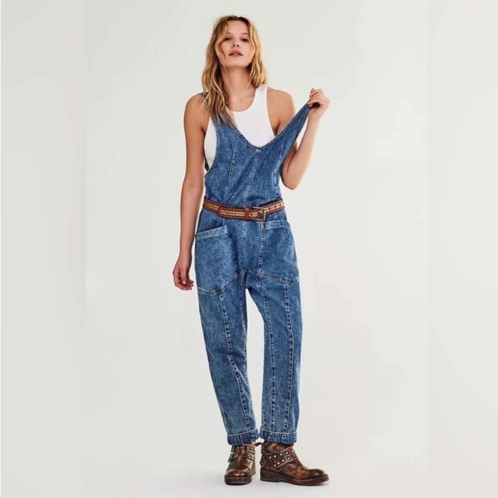 NEW FREE PEOPLE High Roller Denim Jumpsuit Overalls